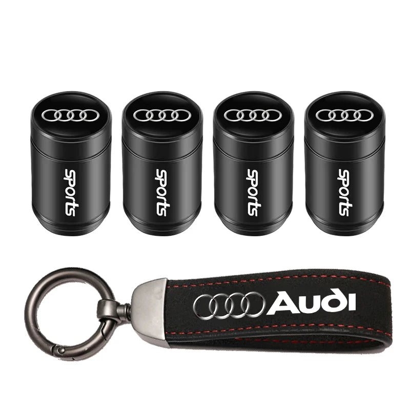 Car Tire Valve Caps + Leather Keychain Set | 4 Colors