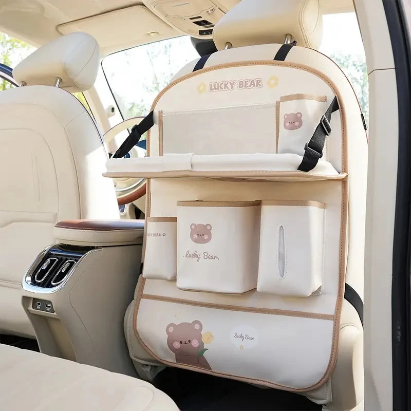 Leather Car Seat Back Organizer - Foldable Tray & Storage