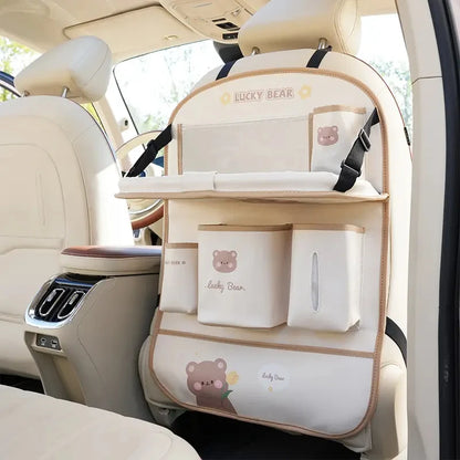 Leather Car Seat Back Organizer - Foldable Tray & Storage