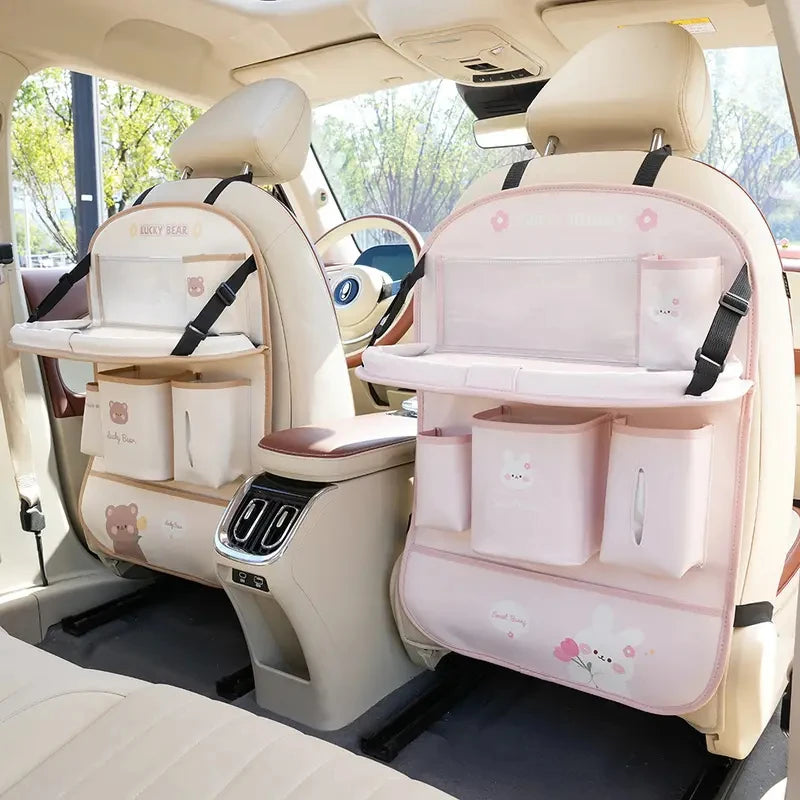 Leather Car Seat Back Organizer - Foldable Tray & Storage