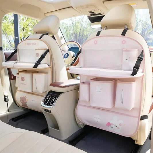 Leather Car Seat Back Organizer - Foldable Tray & Storage
