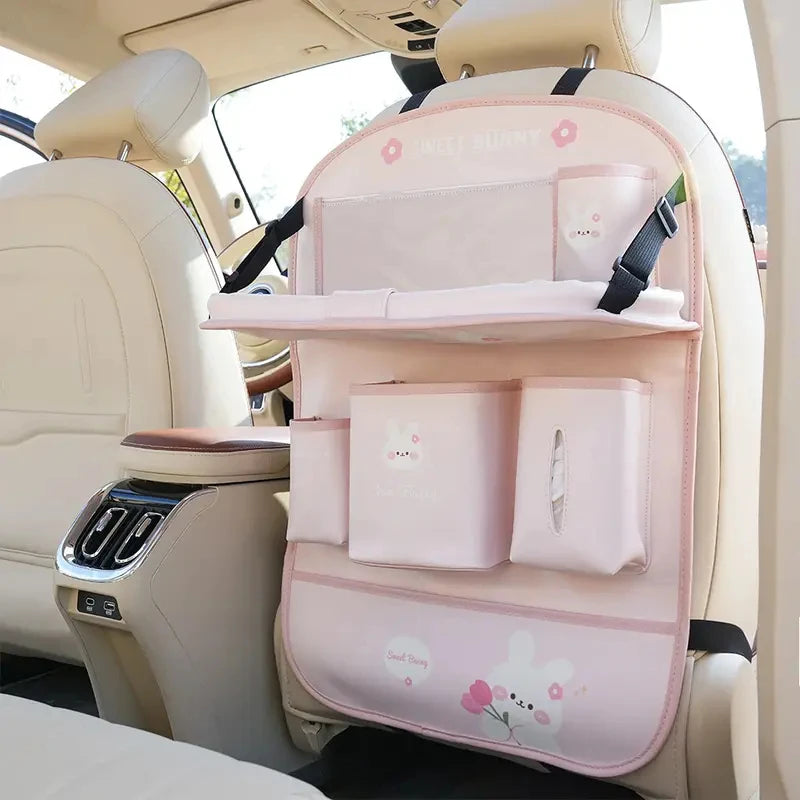 Leather Car Seat Back Organizer - Foldable Tray & Storage