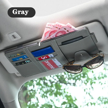 Car Sun Visor Organizer Bag – PU Leather Storage Clip for Cards, Sunglasses & Pens