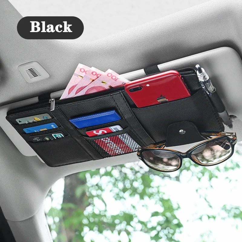 Car Sun Visor Organizer Bag – PU Leather Storage Clip for Cards, Sunglasses & Pens