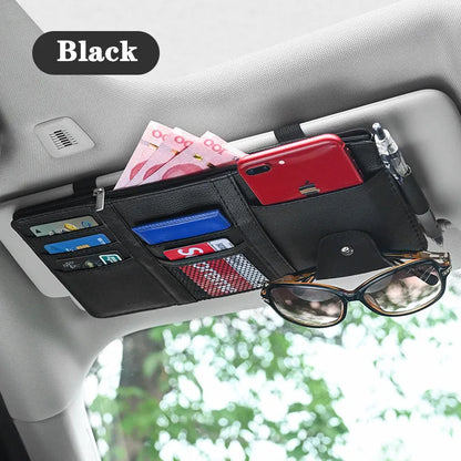 Car Sun Visor Organizer Bag – PU Leather Storage Clip for Cards, Sunglasses & Pens