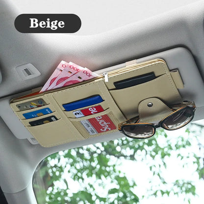 Car Sun Visor Organizer Bag – PU Leather Storage Clip for Cards, Sunglasses & Pens