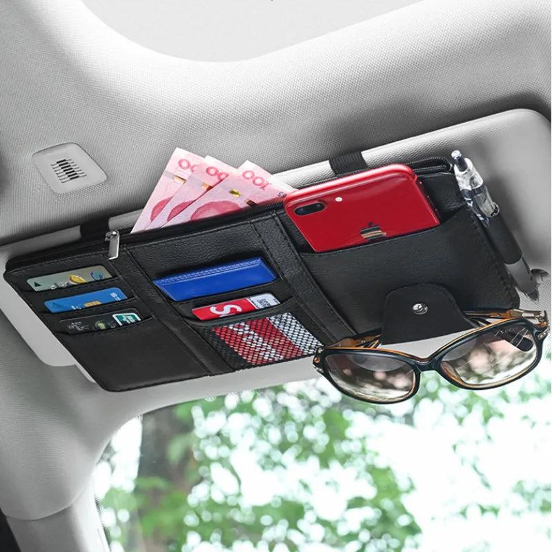 Car Sun Visor Organizer Bag – PU Leather Storage Clip for Cards, Sunglasses & Pens
