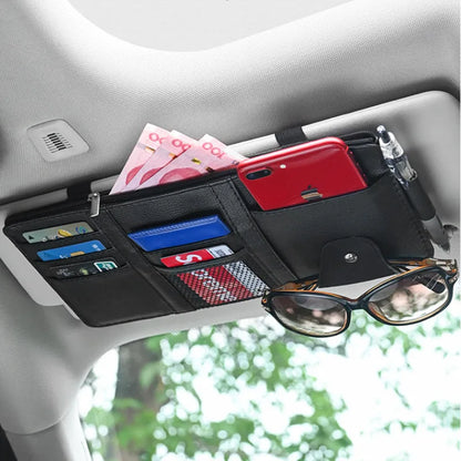 Car Sun Visor Organizer Bag – PU Leather Storage Clip for Cards, Sunglasses & Pens