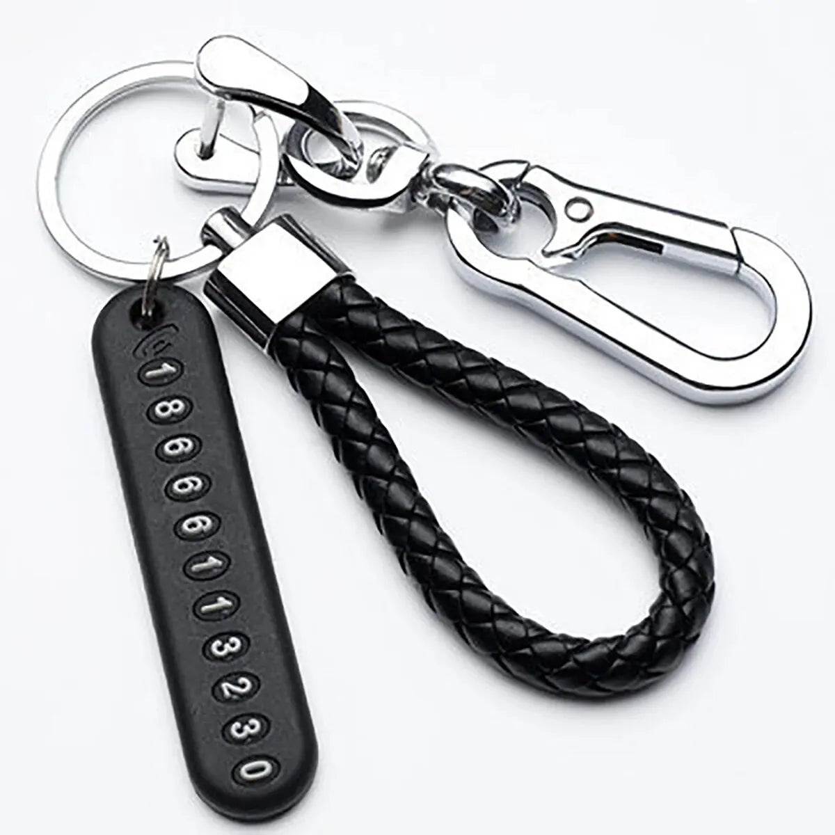 Anti-Lost Phone Number Keychain with Braided Leather Strap