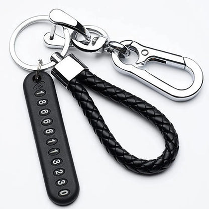 Anti-Lost Phone Number Keychain with Braided Leather Strap