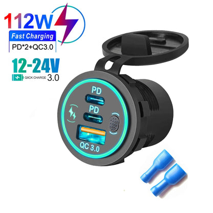 78W Dual USB-C Car Charger Socket – PD3.0 & QC3.0 Fast Charging, Waterproof