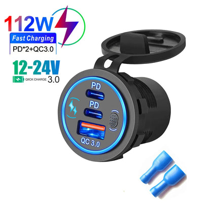 78W Dual USB-C Car Charger Socket – PD3.0 & QC3.0 Fast Charging, Waterproof