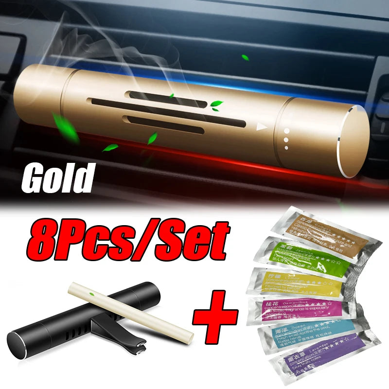 Car Air Vent Perfume Clip – Aluminum Aromatherapy Freshener with 7 Fragrance Sticks (8pcs Set)