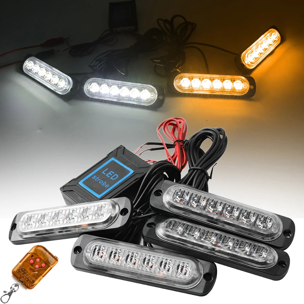 LED Strobe Warning Lights - 12-24V Car Grill Kit