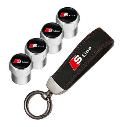 Car Tire Valve Caps + Leather Keychain Set | 4 Colors