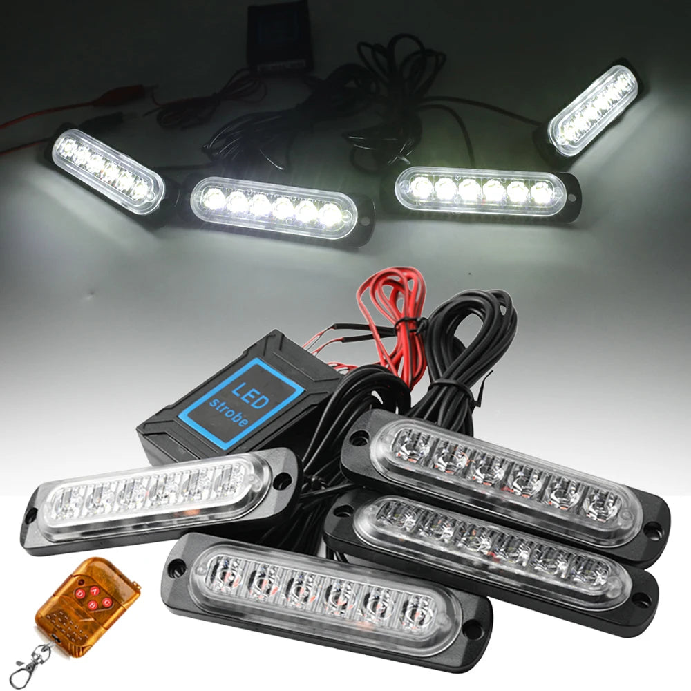 LED Strobe Warning Lights - 12-24V Car Grill Kit