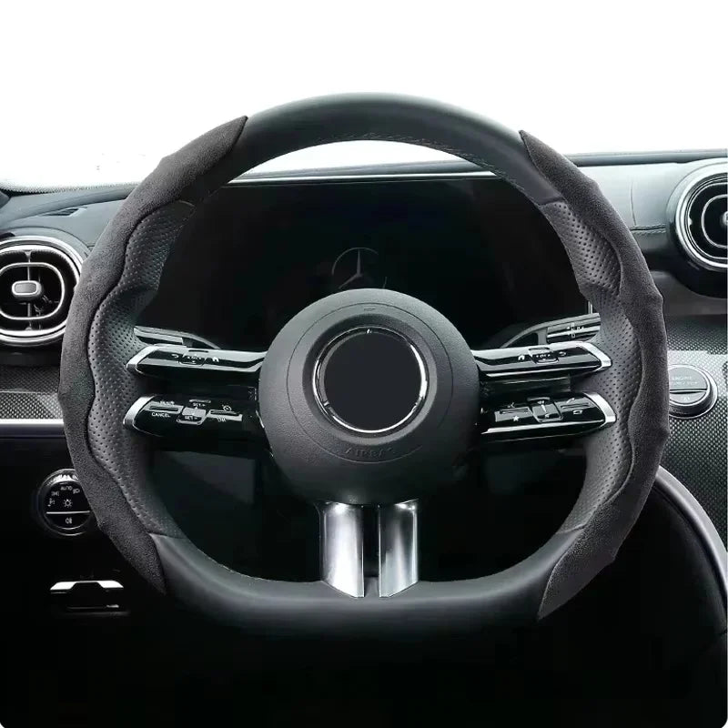Suede Leather Steering Wheel Cover – Anti-Slip 38cm
