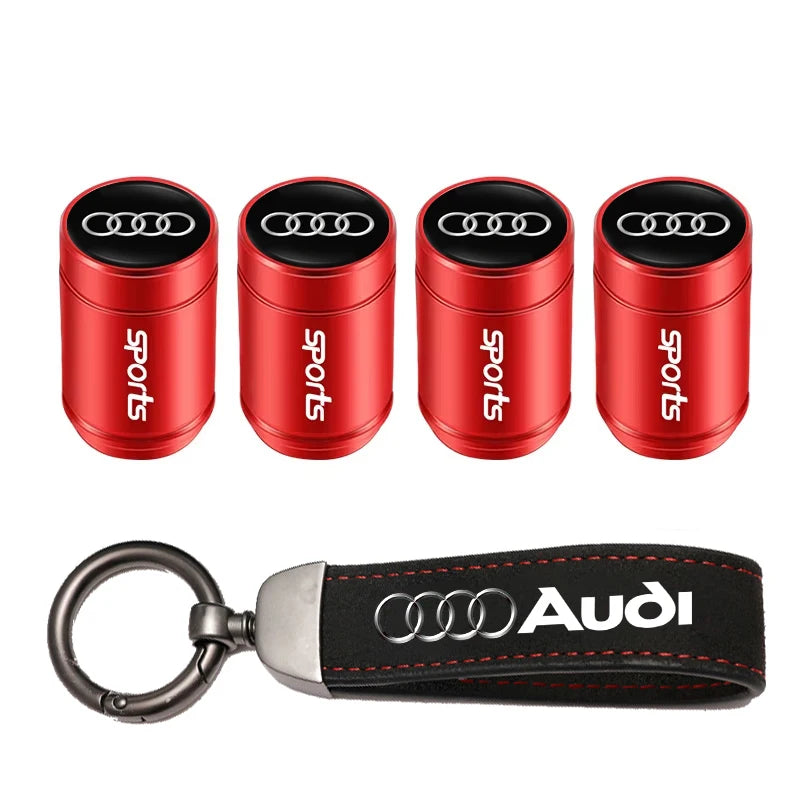 Car Tire Valve Caps + Leather Keychain Set | 4 Colors