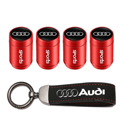 Car Tire Valve Caps + Leather Keychain Set | 4 Colors