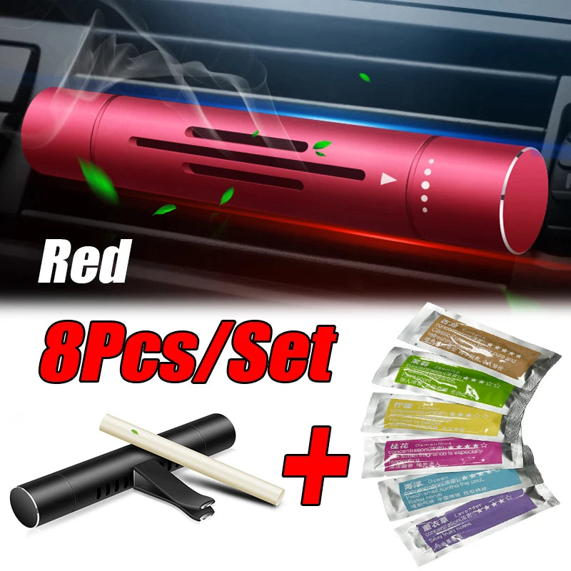 Car Air Vent Perfume Clip – Aluminum Aromatherapy Freshener with 7 Fragrance Sticks (8pcs Set)