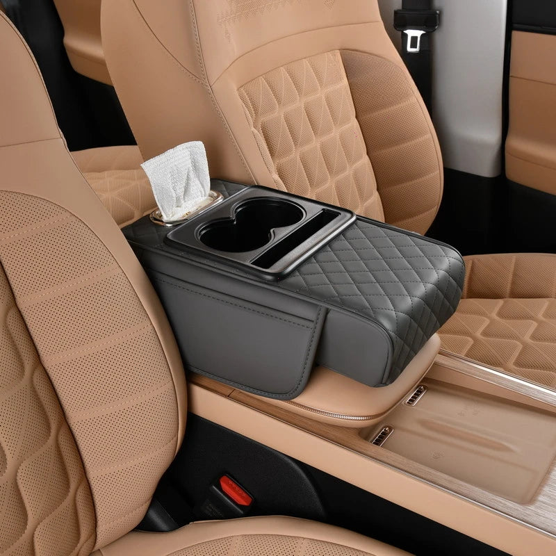 Car Armrest Box Cushion – NAPA Leather Height Pad with Storage