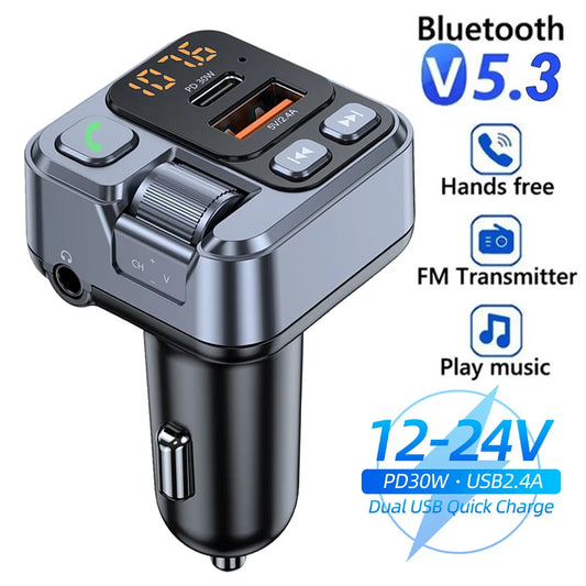 Bluetooth 5.1 FM Transmitter - PD30W Fast Charge LED Display USB Car Adapter