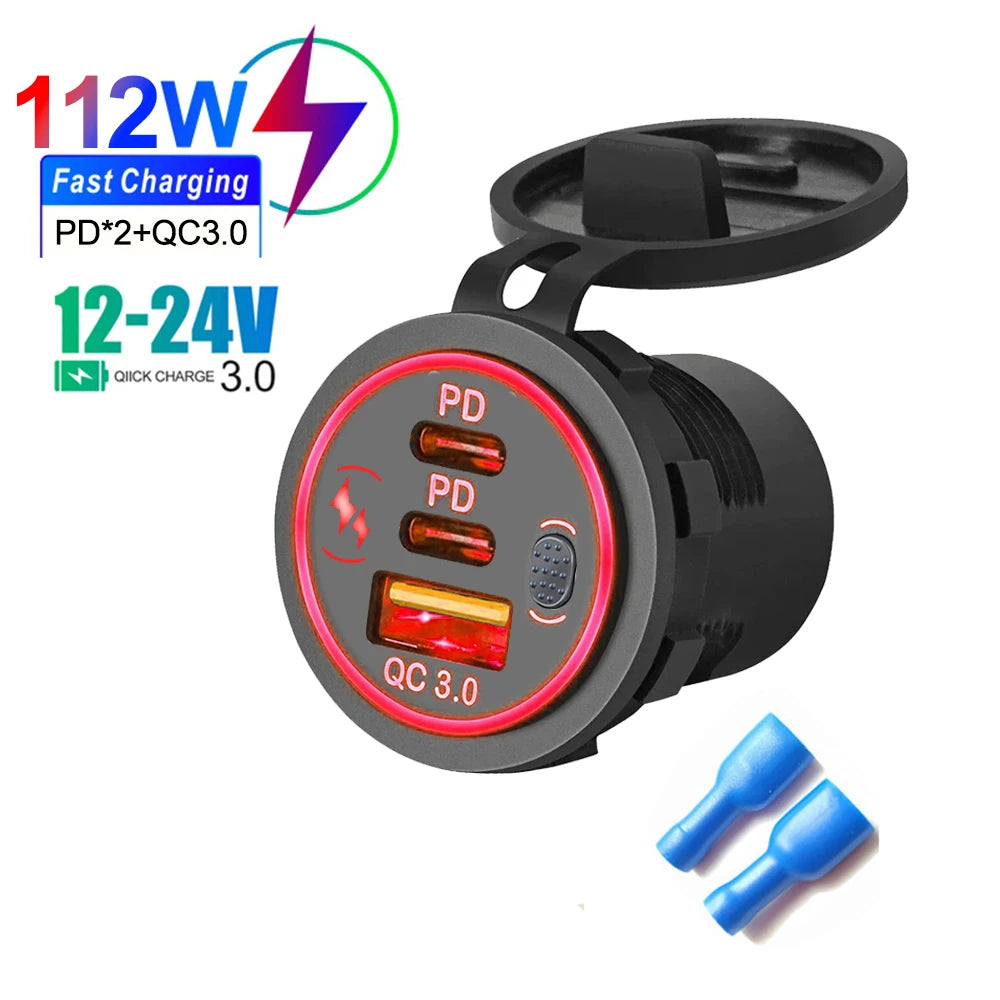 78W Dual USB-C Car Charger Socket – PD3.0 & QC3.0 Fast Charging, Waterproof