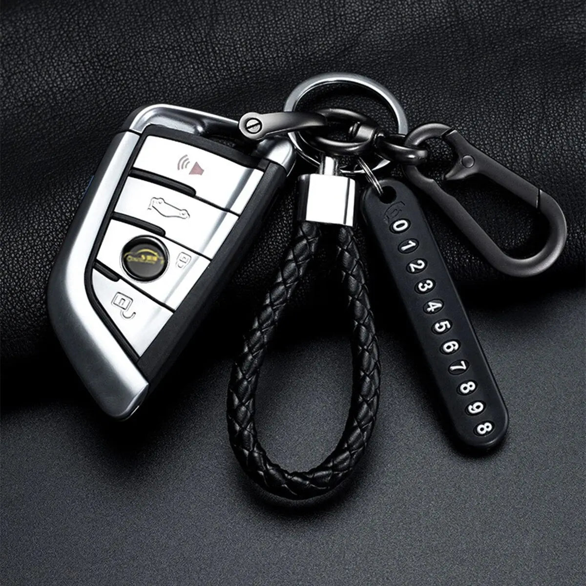 Anti-Lost Phone Number Keychain with Braided Leather Strap