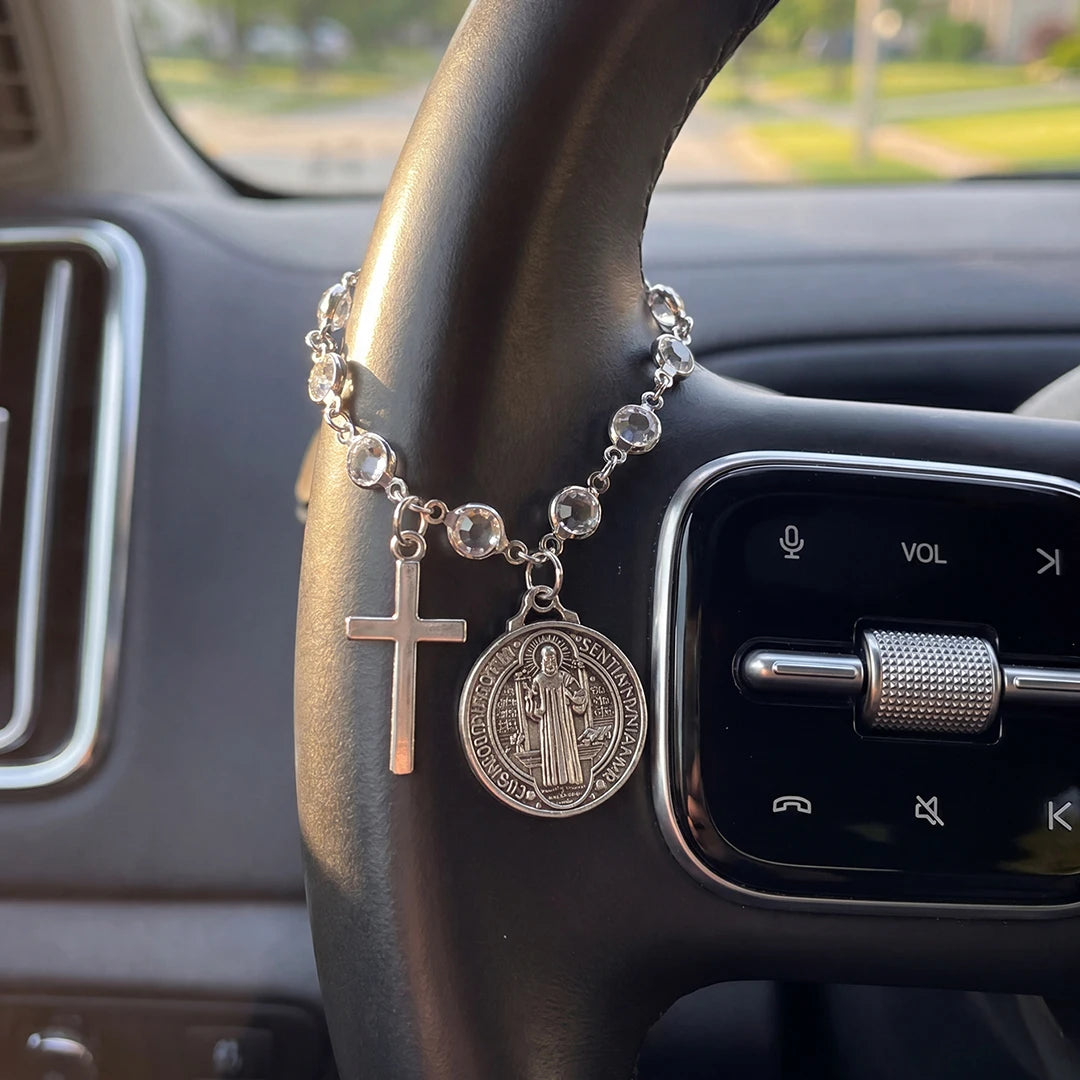 Rosary Car Charm | Crystal Cross Pendant