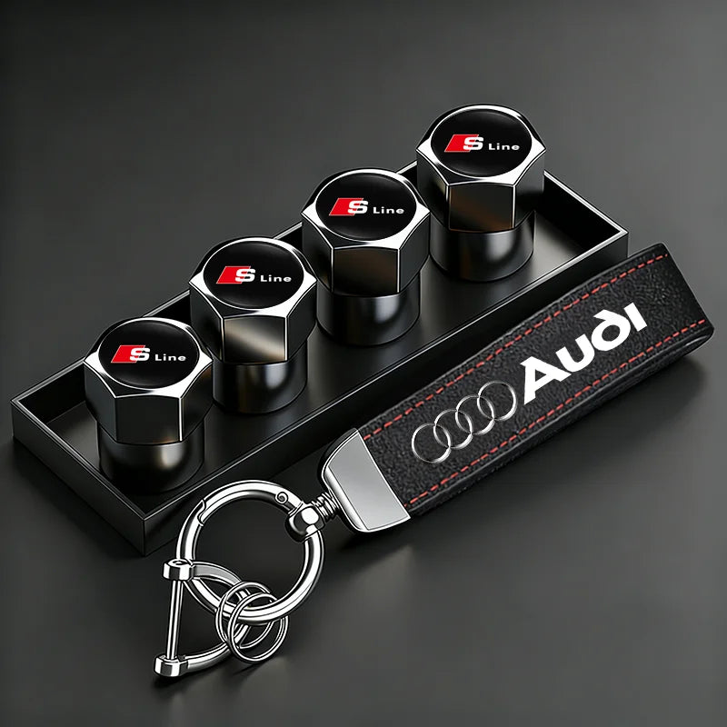 Car Tire Valve Caps + Leather Keychain Set | 4 Colors
