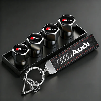 Car Tire Valve Caps + Leather Keychain Set | 4 Colors