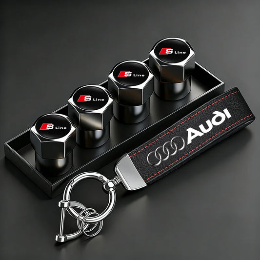 Car Tire Valve Caps + Leather Keychain Set | 4 Colors