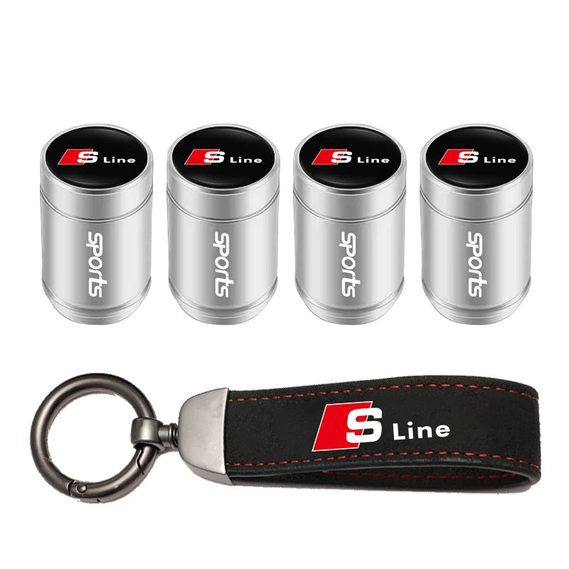 Car Tire Valve Caps + Leather Keychain Set | 4 Colors