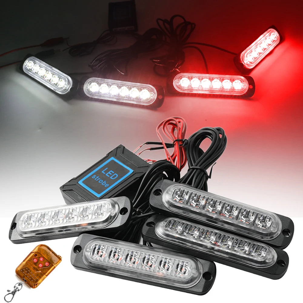 LED Strobe Warning Lights - 12-24V Car Grill Kit