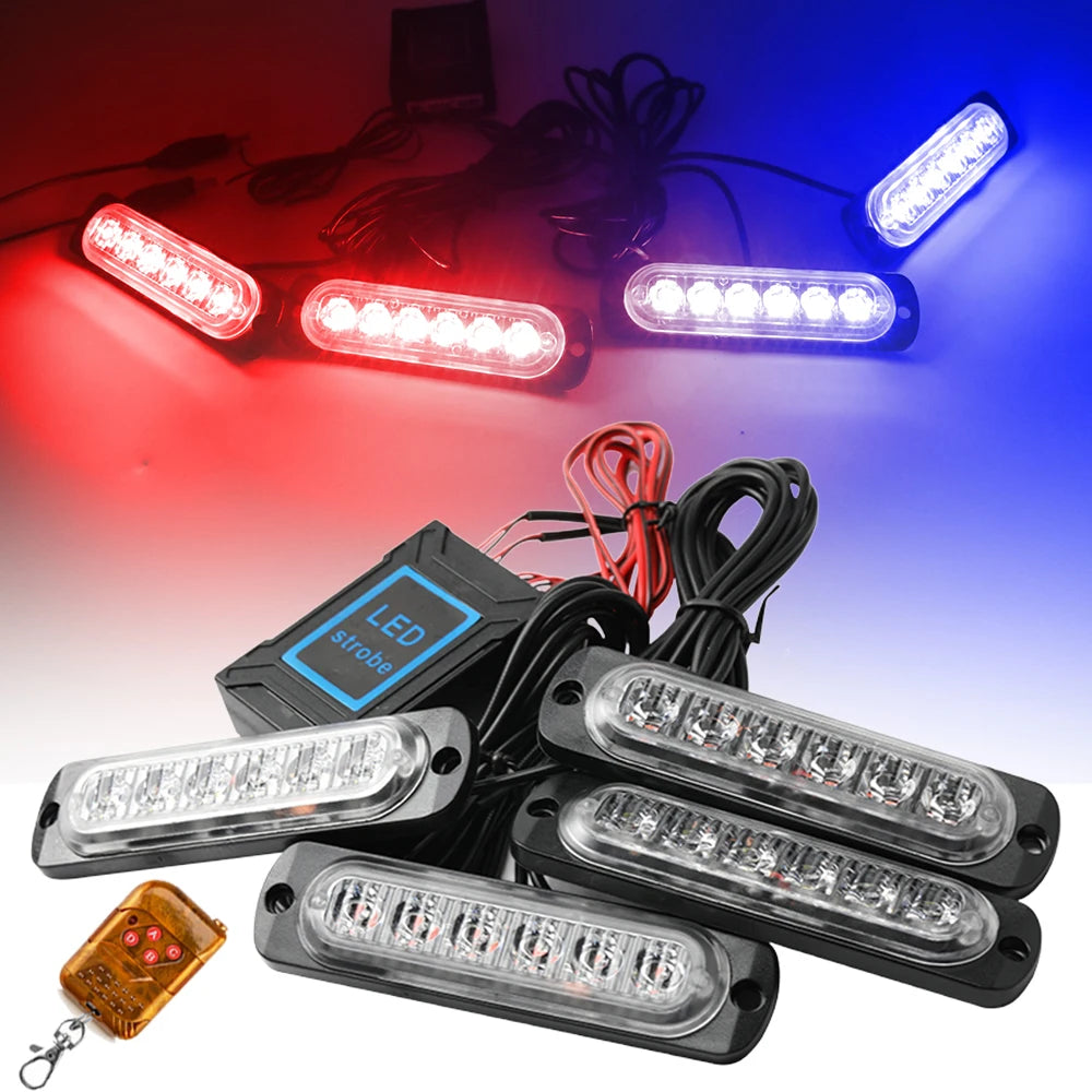 LED Strobe Warning Lights - 12-24V Car Grill Kit