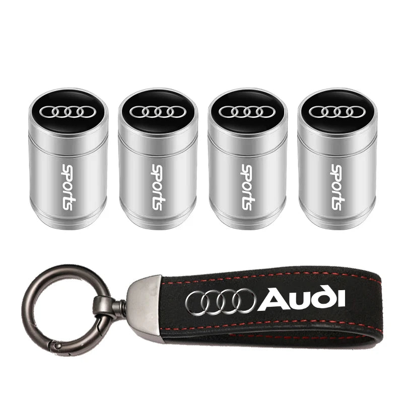 Car Tire Valve Caps + Leather Keychain Set | 4 Colors