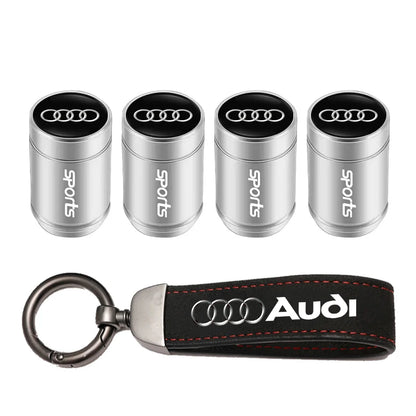 Car Tire Valve Caps + Leather Keychain Set | 4 Colors