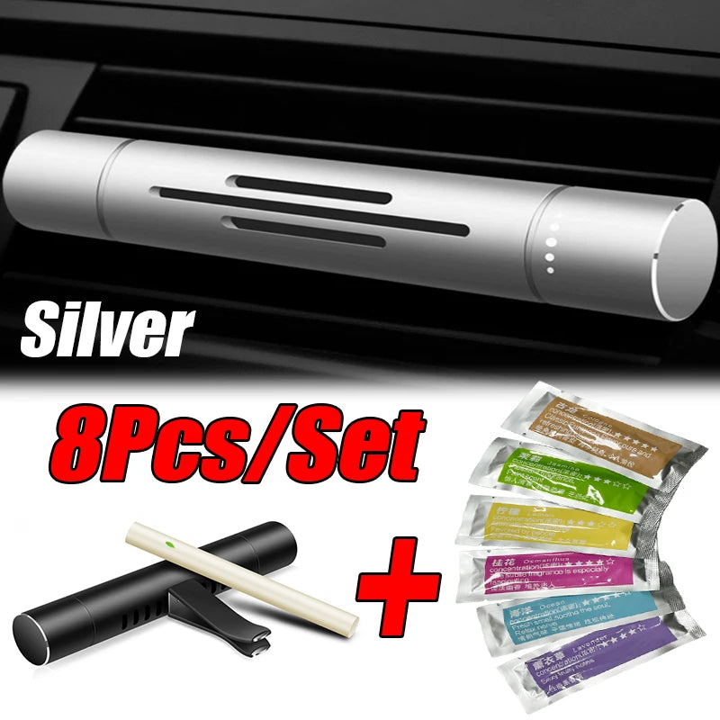 Car Air Vent Perfume Clip – Aluminum Aromatherapy Freshener with 7 Fragrance Sticks (8pcs Set)