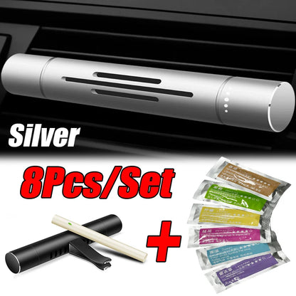 Car Air Vent Perfume Clip – Aluminum Aromatherapy Freshener with 7 Fragrance Sticks (8pcs Set)