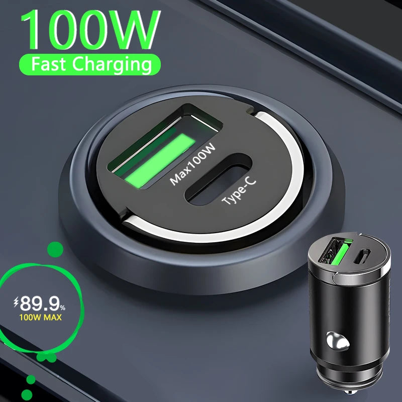 100W Mini Car Charger – Fast Charging USB C & QC3.0