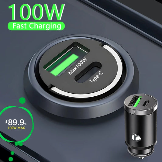 100W Mini Car Charger – Fast Charging USB C & QC3.0