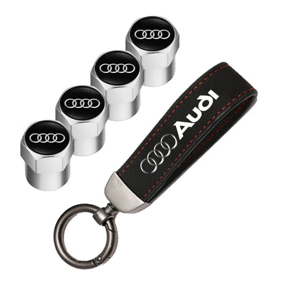 Car Tire Valve Caps + Leather Keychain Set | 4 Colors