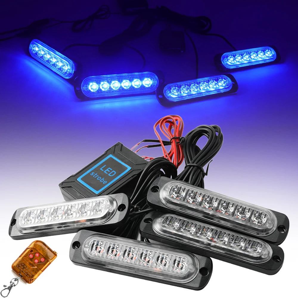 LED Strobe Warning Lights - 12-24V Car Grill Kit