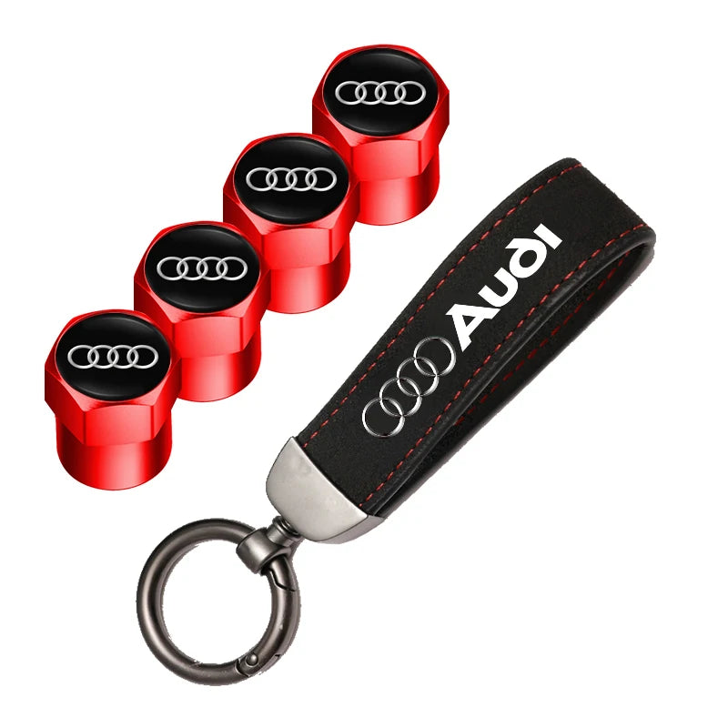 Car Tire Valve Caps + Leather Keychain Set | 4 Colors