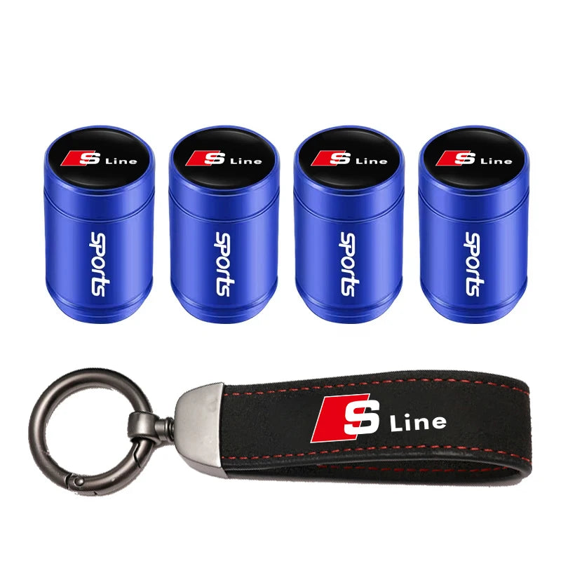 Car Tire Valve Caps + Leather Keychain Set | 4 Colors