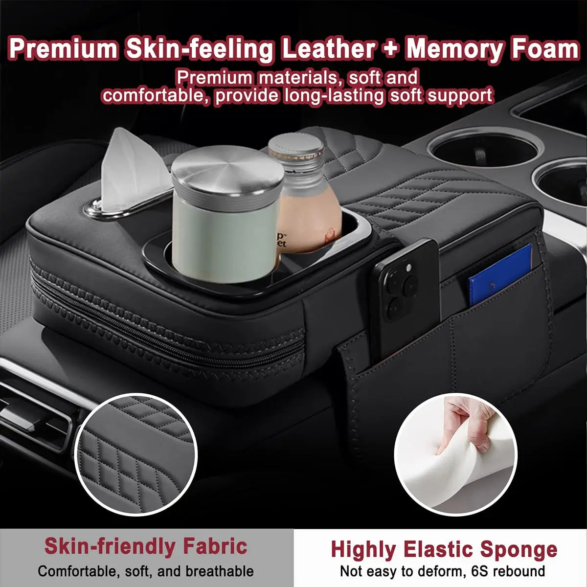 Car Armrest Cushion Cover – Console Pad with Tissue Holder & Cup Slot