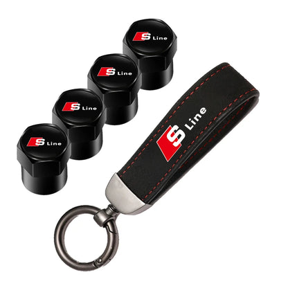 Car Tire Valve Caps + Leather Keychain Set | 4 Colors