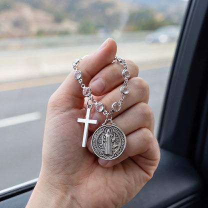 Rosary Car Charm | Crystal Cross Pendant