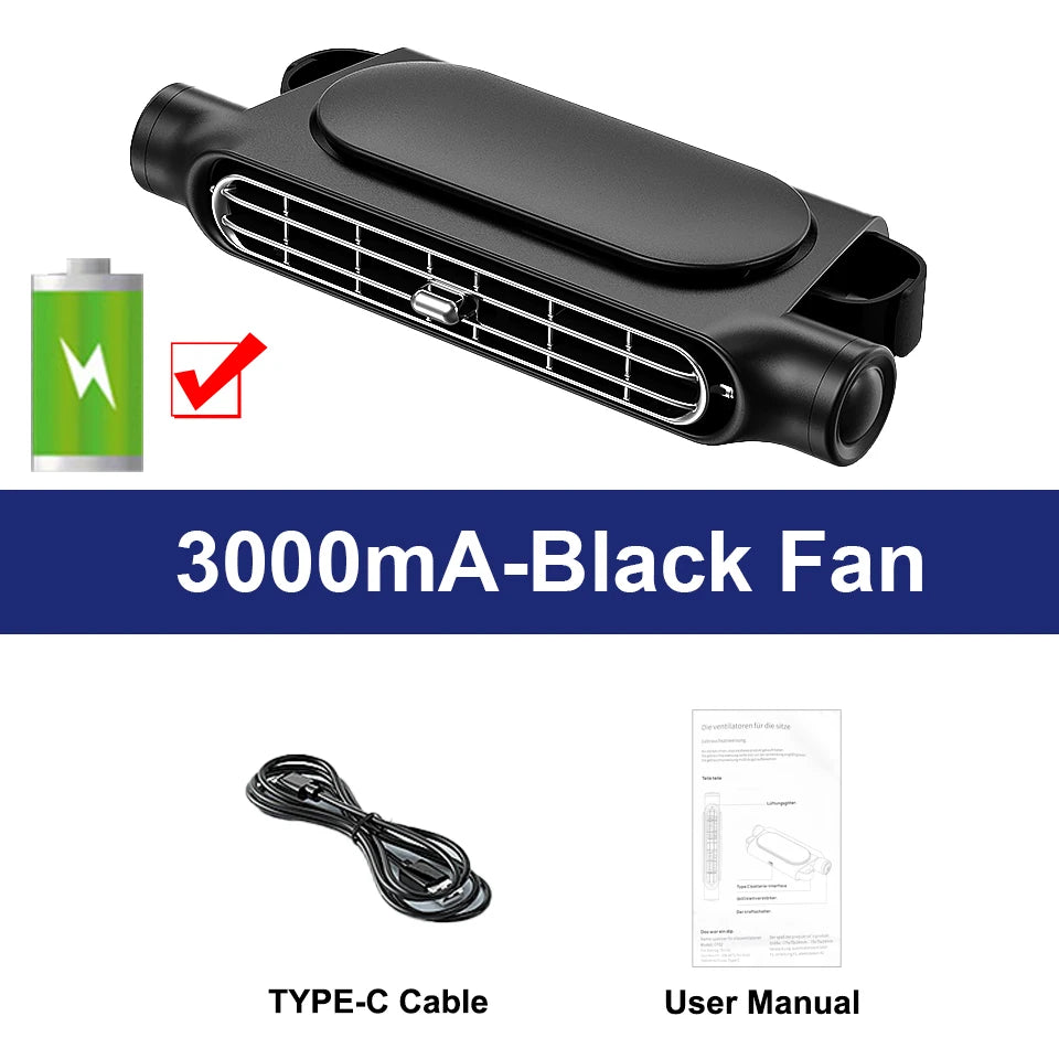 Car Seat Cooling Fan – USB 5V | 3 Speeds | Optional 3000mAh Battery
