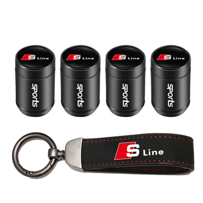 Car Tire Valve Caps + Leather Keychain Set | 4 Colors